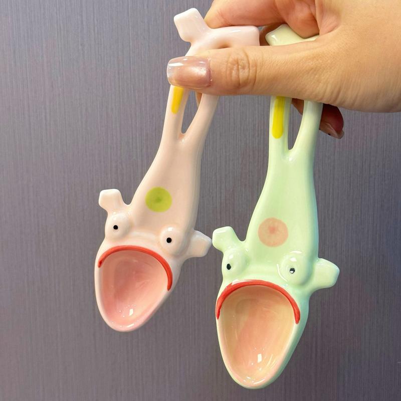 Creative Frog Spoon Ceramic Long Handle Spoon Household Quirky Soup Spoon Dessert Spoon Restaurant Household Kitchenware