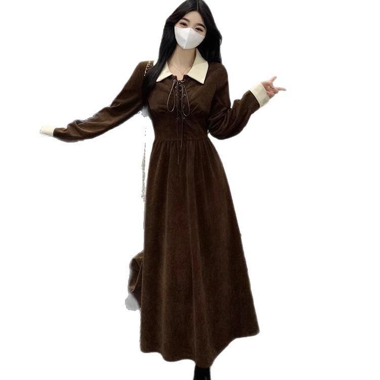 Large size slightly fat mm contrasting corduroy waist thin meat cover dress women's autumn lapel chic retro skirt