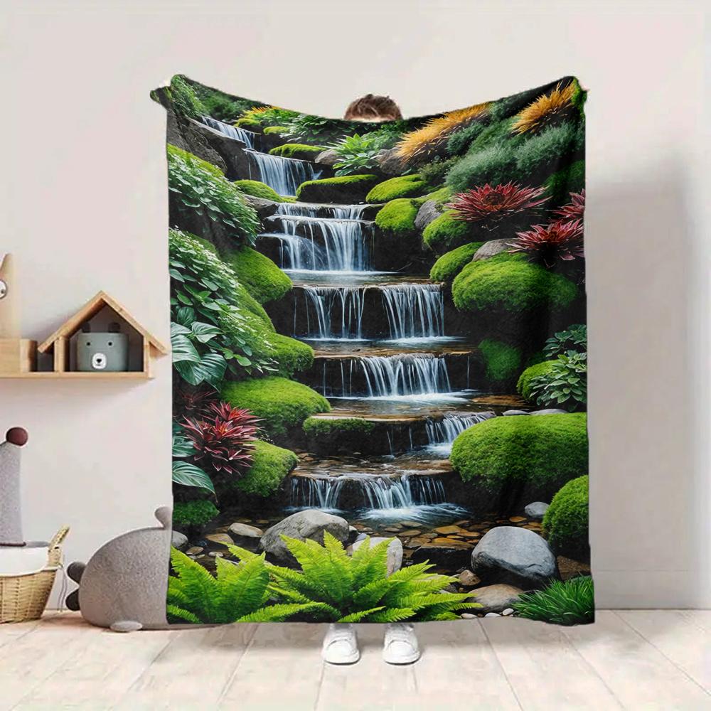 1Pc Waterfall Lush Garden Blanket Soft And Comfortable Casual Warm Camping Travel Christmas Halloween Xmas Gift M92859