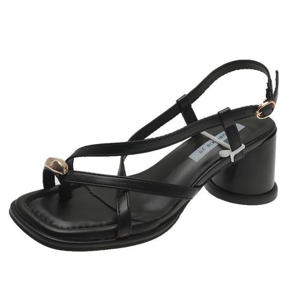 Fashion Sandals Elastic Band Strappy Heels Clear Shoes Suit Female Beige All-Match Square Toe 2025 Women's Slip-on  Buckle Black High Fa