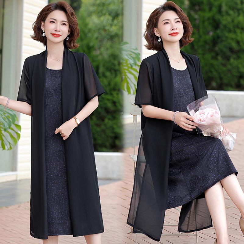 Summer Short Sleeve Two-Piece Slimming Dress for Middle-Aged and Elderly Women