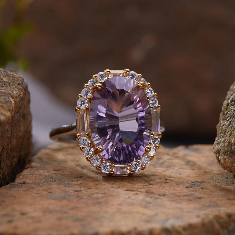 Non-Fading High-End S925 Sterling Silver 18K Gold Natural Amethyst Lucky Treasure Ring Women'S Simple Jewelry