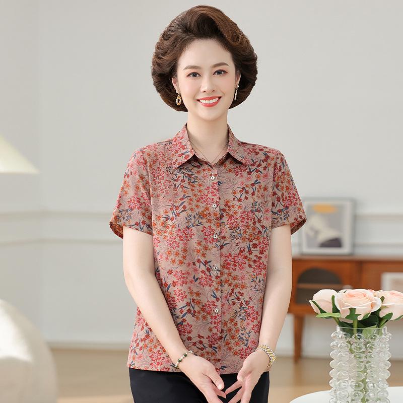 Mom's Mulberry Silk Floral Shirt - Short-Sleeve, Loose Fit for Mid-Aged Women