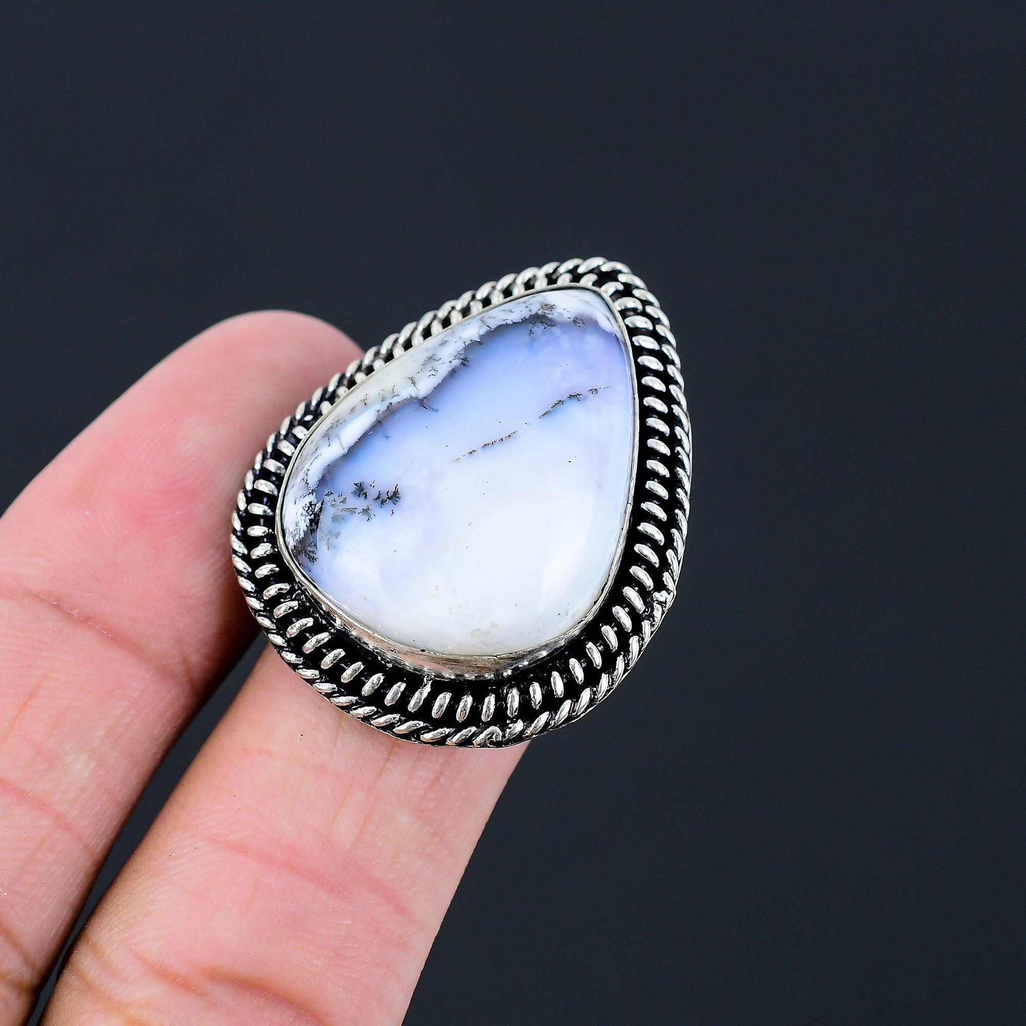 Easter Sale Pear Natural Dendrite Opal Solitaire Promise Ring Jewelry 925 Silver 9