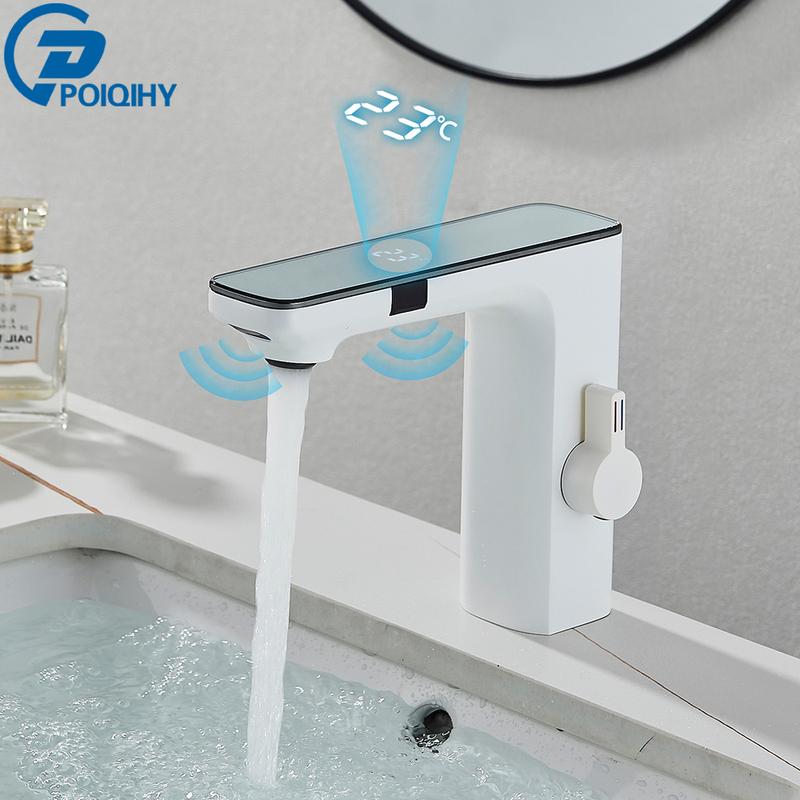 White Smart Sensor Basin Faucet Screen Digital Display Hot Cold Water Mixer Tap Touchless Vanity Sink Faucet For Bathroom