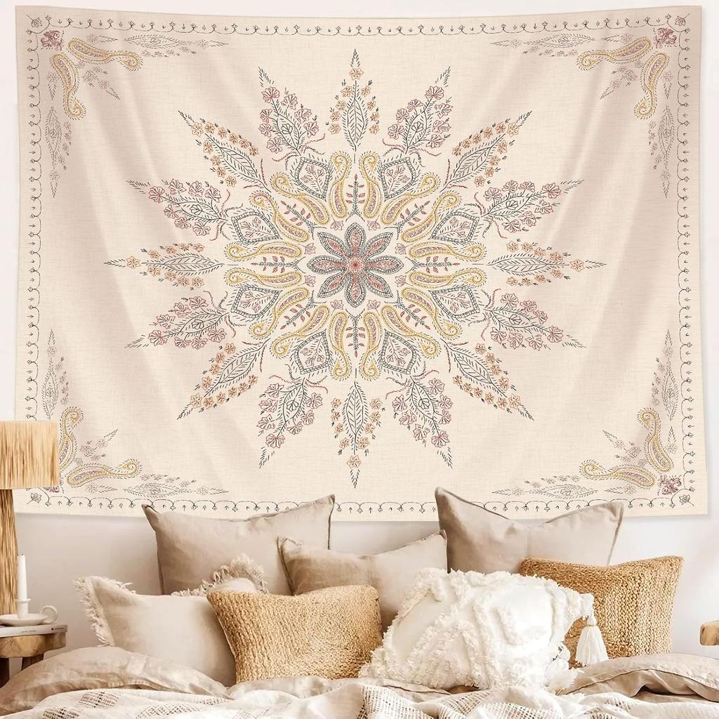 Bohemian Tapestry Wall Hanging, Beige Pink Floral Tapestry With Wild Flower Medallion Print Bedroom Boho Home Decor,White Wreath