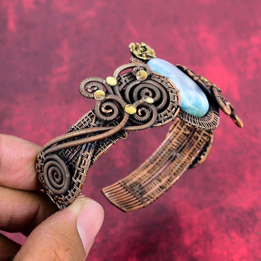 Larimar cuff bracelet copper wire wrapped adjustable bangle gemstone cuff bracelet handmade copper wire jewelry gifts for him flower bangle