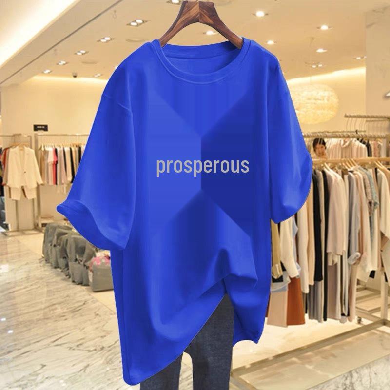 

Женская белая футболка средней длины с летним принтом, свободного кроя, с короткими рукавами Medium синий