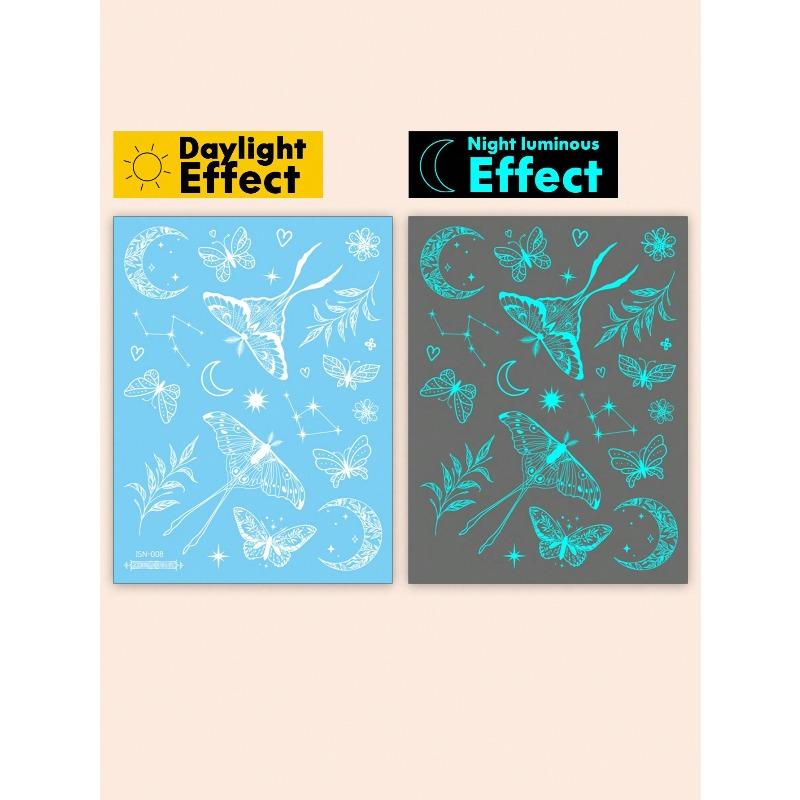 1 Sheets Luminous Glow In The Dark Body Art Temporary Tattoo Stickers, Moon Butterfly Botanical Pattern, Waterproof Fake Tattoo Sticker