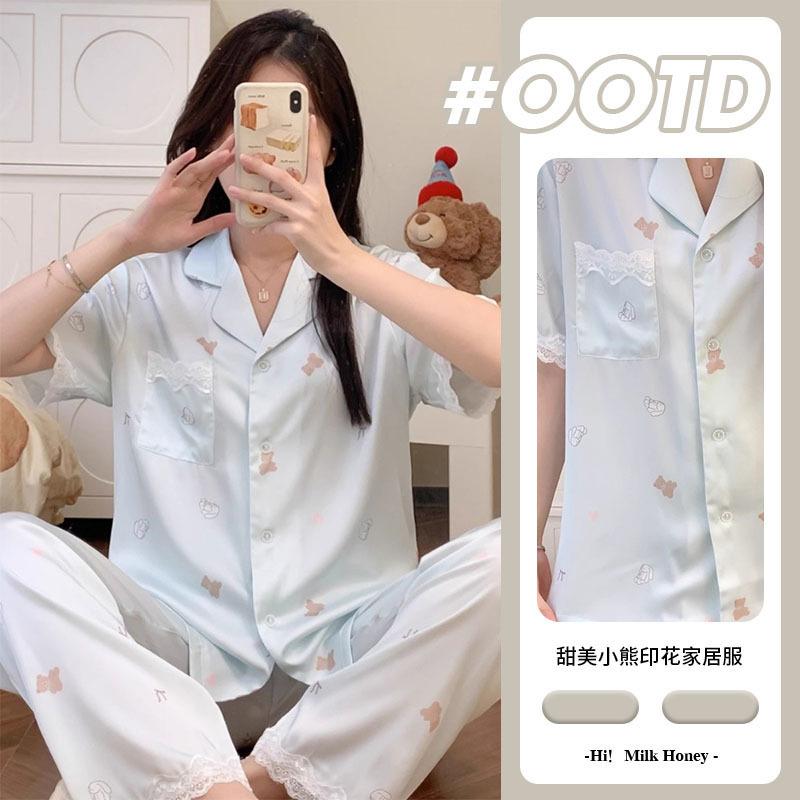 

Small Fresh Bear Printing Simulation Silk Pajamas Women S Short-Sleeved Trousers Spring And Summer Loungewear Can Be Worn Outside 2XL