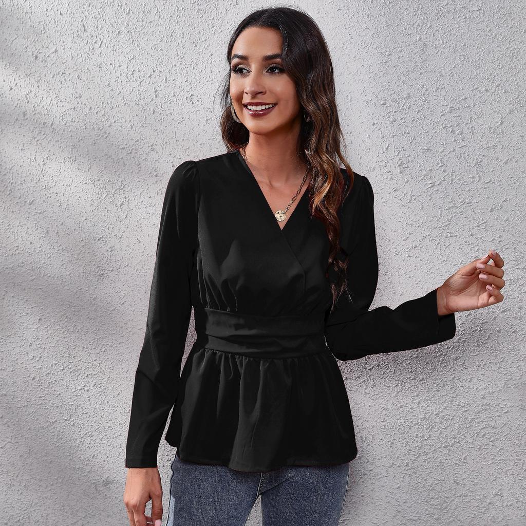 BITCED V Collar Waist Slim-fit Puffy Sleeve Top for Women Chiffon for Women