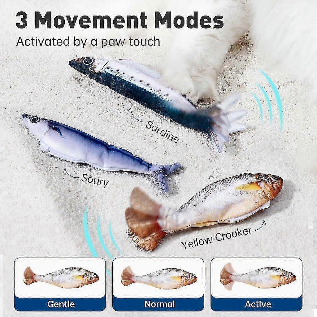 Realistische, zappelnde Fisch-Katzen-Spielzeuge in mundgerechter Größe, Interaktive Katzenspielzeuge für alle Rassen, Tipp-aktivierte 3 Zappelmodi, Sardine/Makrele/Gelber Umberfisch, Wiederaufladbar