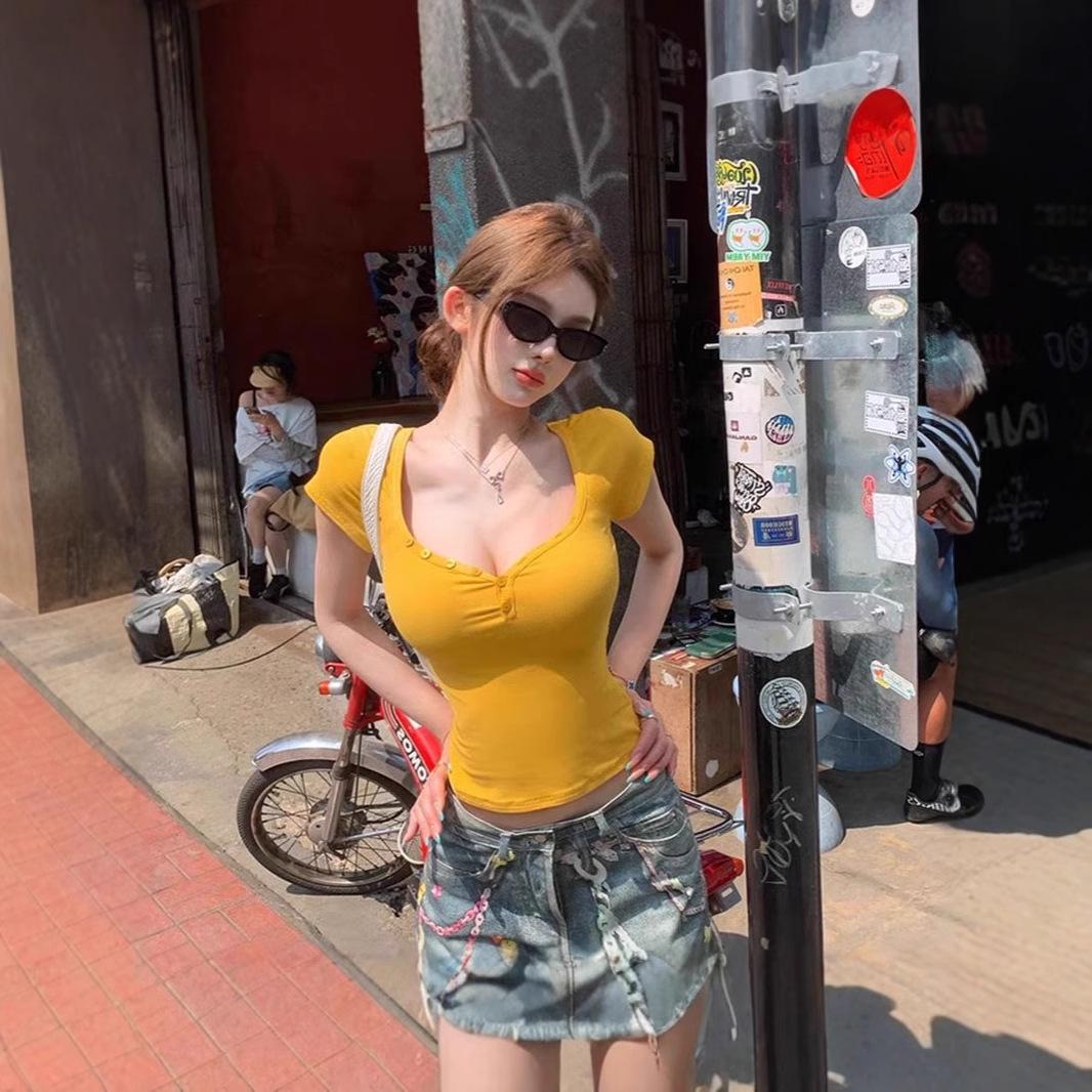 

Spicy Girl Sweetheart Neck Short Sleeve Slimming T-shirt for Women L