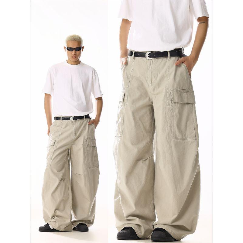 American Retro Streetwear Casual Pants for Men and Women with Large Side Pockets, Loose Deconstructed Wide-Leg Long Pants