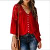 Lace Shirt Women's Shirts Vintage Solid Color V Sexy Splicing Buckle Horn Sleeve Blouses Top Women