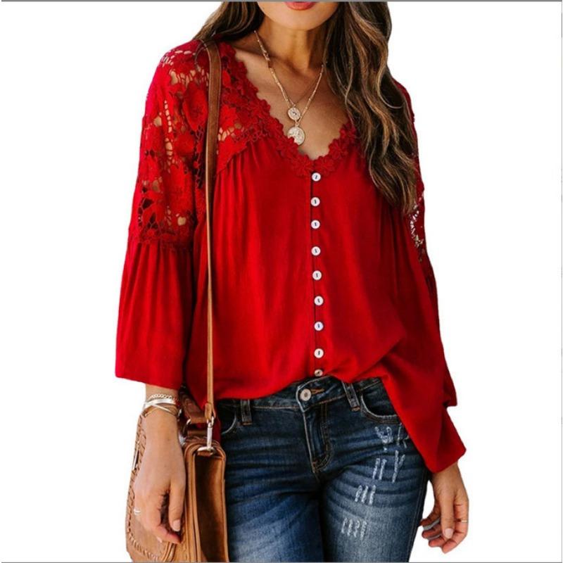 Lace Shirt Women's Shirts Vintage Solid Color V Sexy Splicing Buckle Horn Sleeve Blouses Top Women