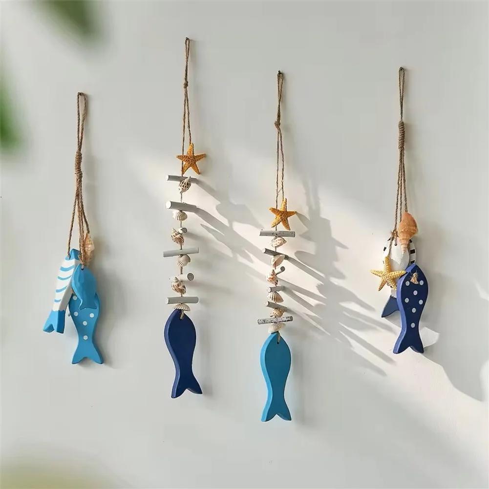 Wooden Fish Wall Hanging Ornaments, Nautical Beach Theme Home Decoration Sculpture for Bathroom Bedroom Lake House Decor