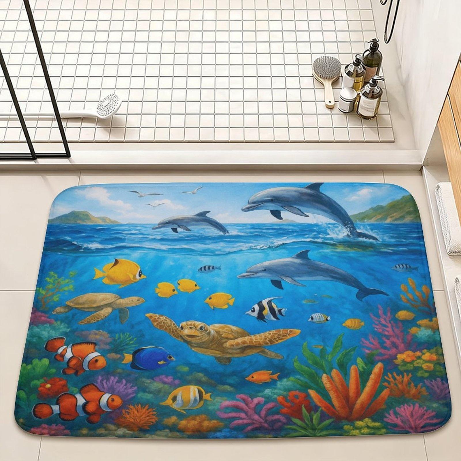 

Ocean Life Door Mat – Colorful Dolphins, Fish & Sea Turtles Design, Vibrant Underwater Theme Entryway Mat for Bathroom, Kitchen 40x60cm16x24in