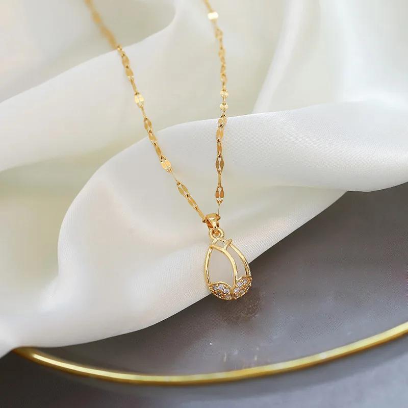 Korean Fashion Tulip Necklace with Rhinestone Golden Necklace Luxury Classic Party Clavicle Chain Necklaces for Women Jewelry