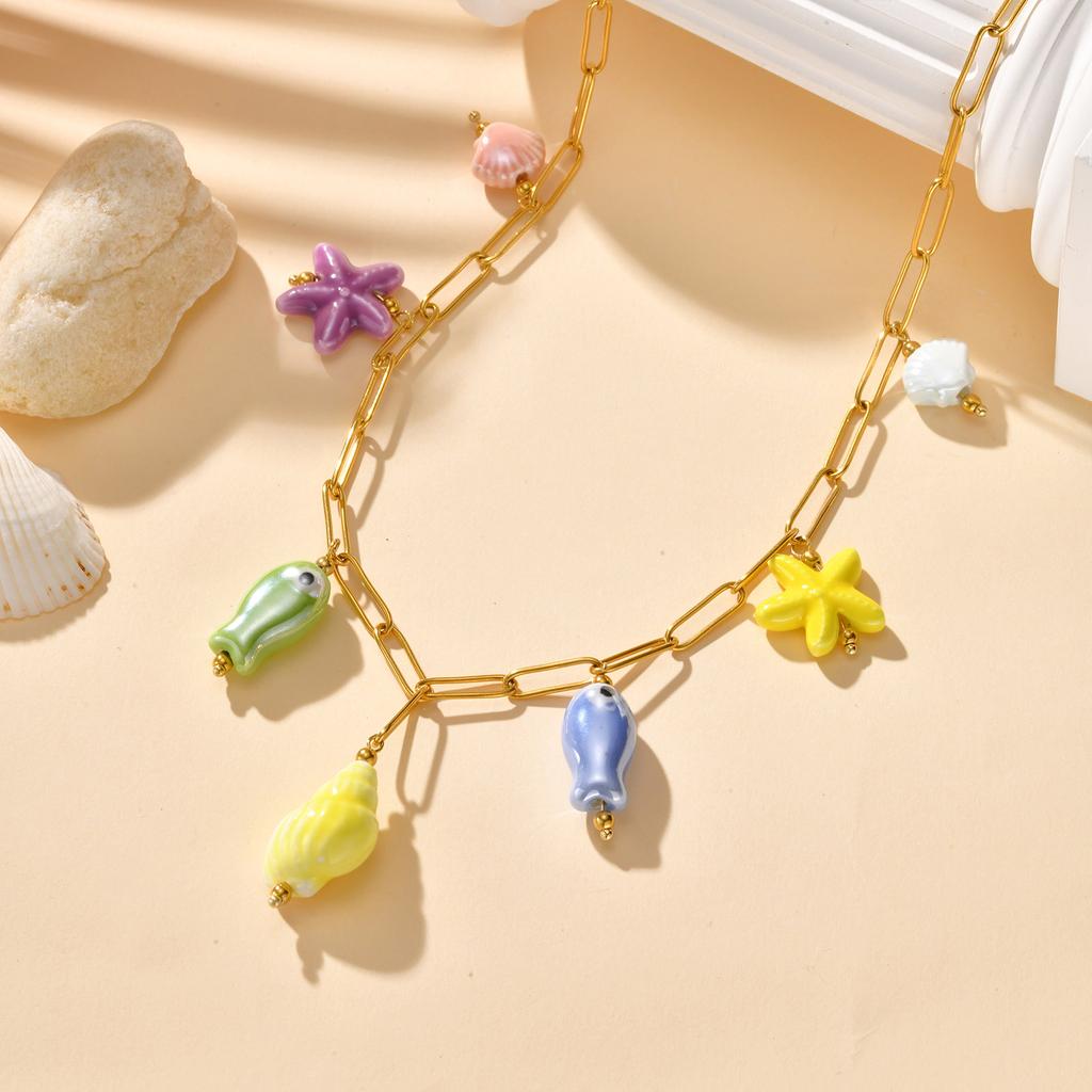 Ceramic Starfish Fish Conch Dolphin Drop Y2K Necklace, Women's Stainless Steel Chain Adjustable, Notarnish Resistant Jewelry
