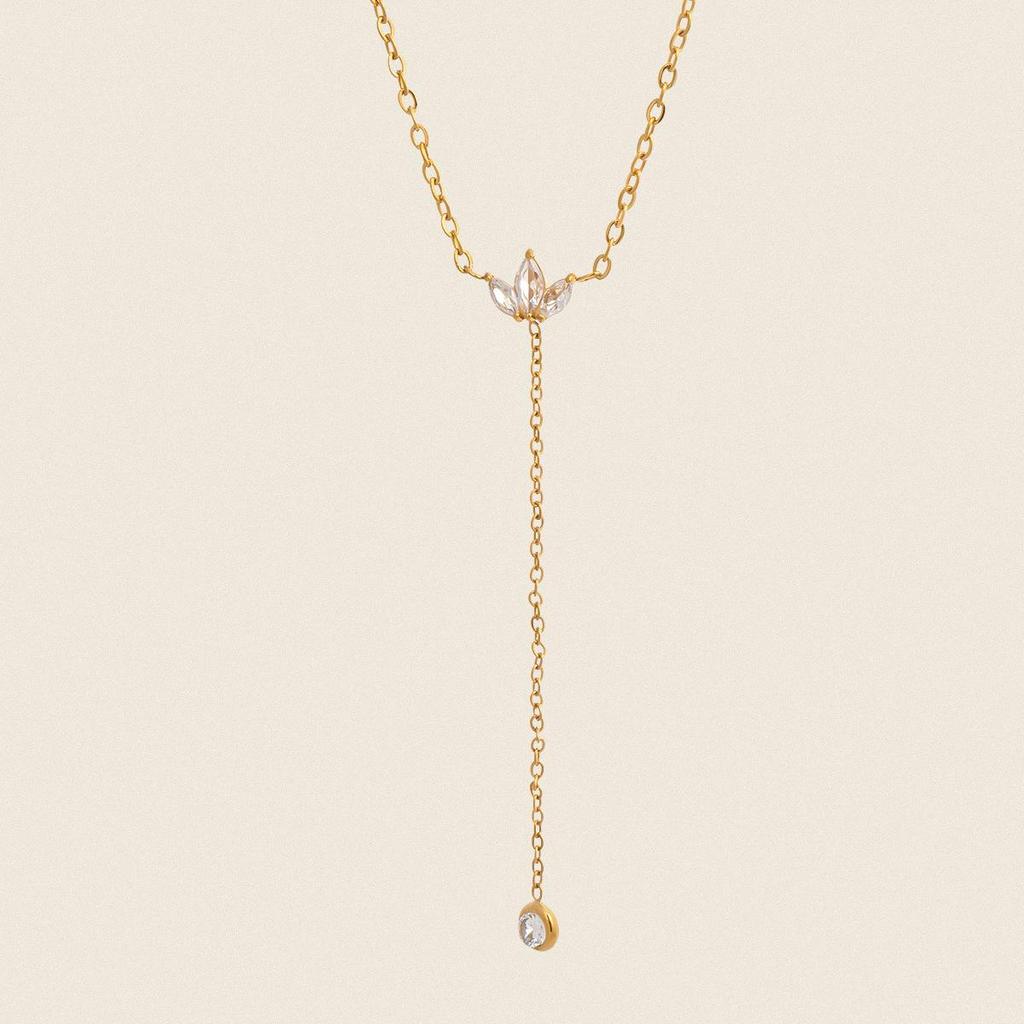 18K Gold Crystal Diamond Y-Shaped Zirconia Sweater Necklace, Colorfast Titanium Steel Jewelry.