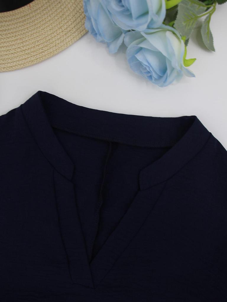 Plus Size Solid Color V-Neck Long Sleeve Button-Up Top - Women's Spring/Autumn Elegant Shirt