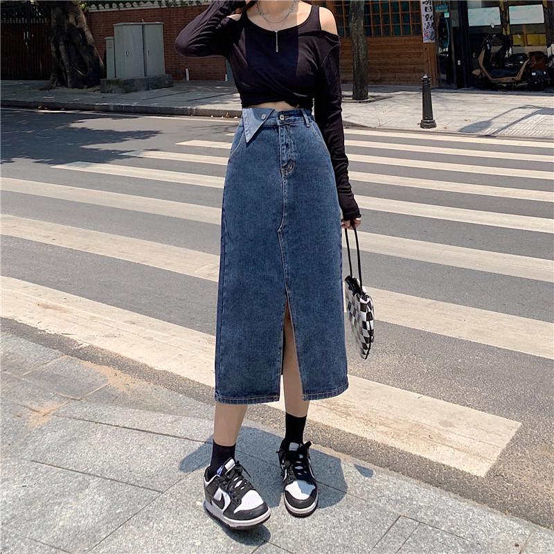 Korean Irregular Slit Denim Midi Skirt - Plus Size A-Line High Waist for Autumn/Winter