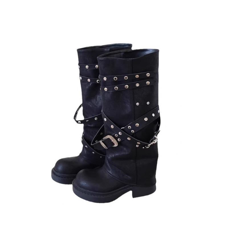 Rindslederversion Retro Spice Girl Nietenhose Stiefel Damen runde Spitze dünne lange Stiefel Nische hohe Stiefel Gefühl Ritterstiefel