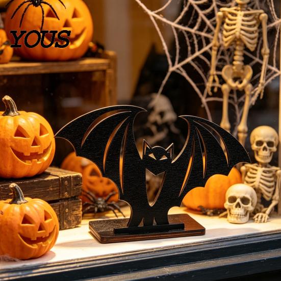 Black Matte Bat Ornament Halloween Ornament, Solid Wood Tea Candle Holder, Spooky Desk Accessories Decoration, for Desktop Electronic Candles Decor