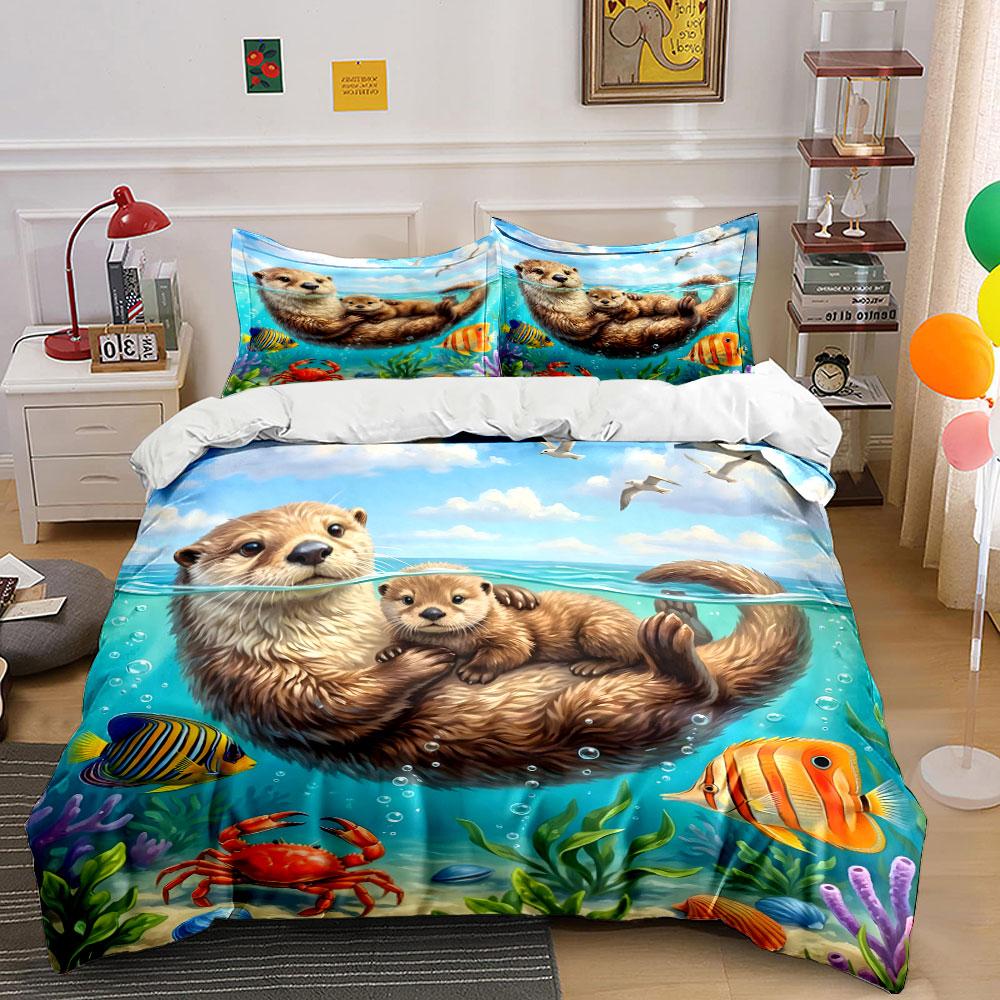 Grosstor Unisex Otter Family With Marine Life Printed Duvet Cover Set1 Duvet Cover+2 Pillowcasemulti Size Bedroom Bedding Decor Luxury Gifts