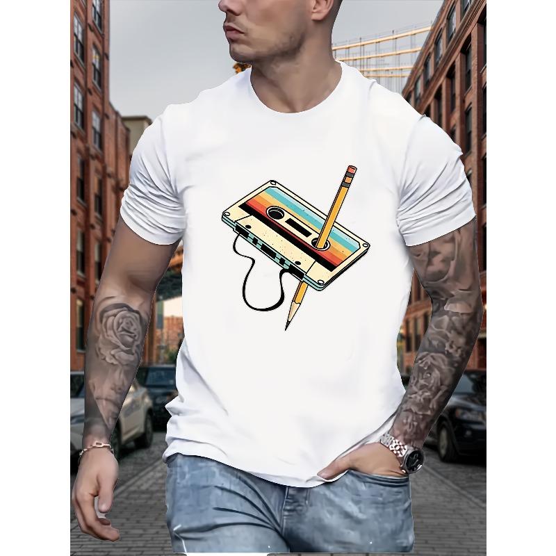 

European sizes Men s Retro Cassette Print T-Shirt - Casual Crew Neck, Slight Stretch, Summer Knit Fabric Top 4XL білий