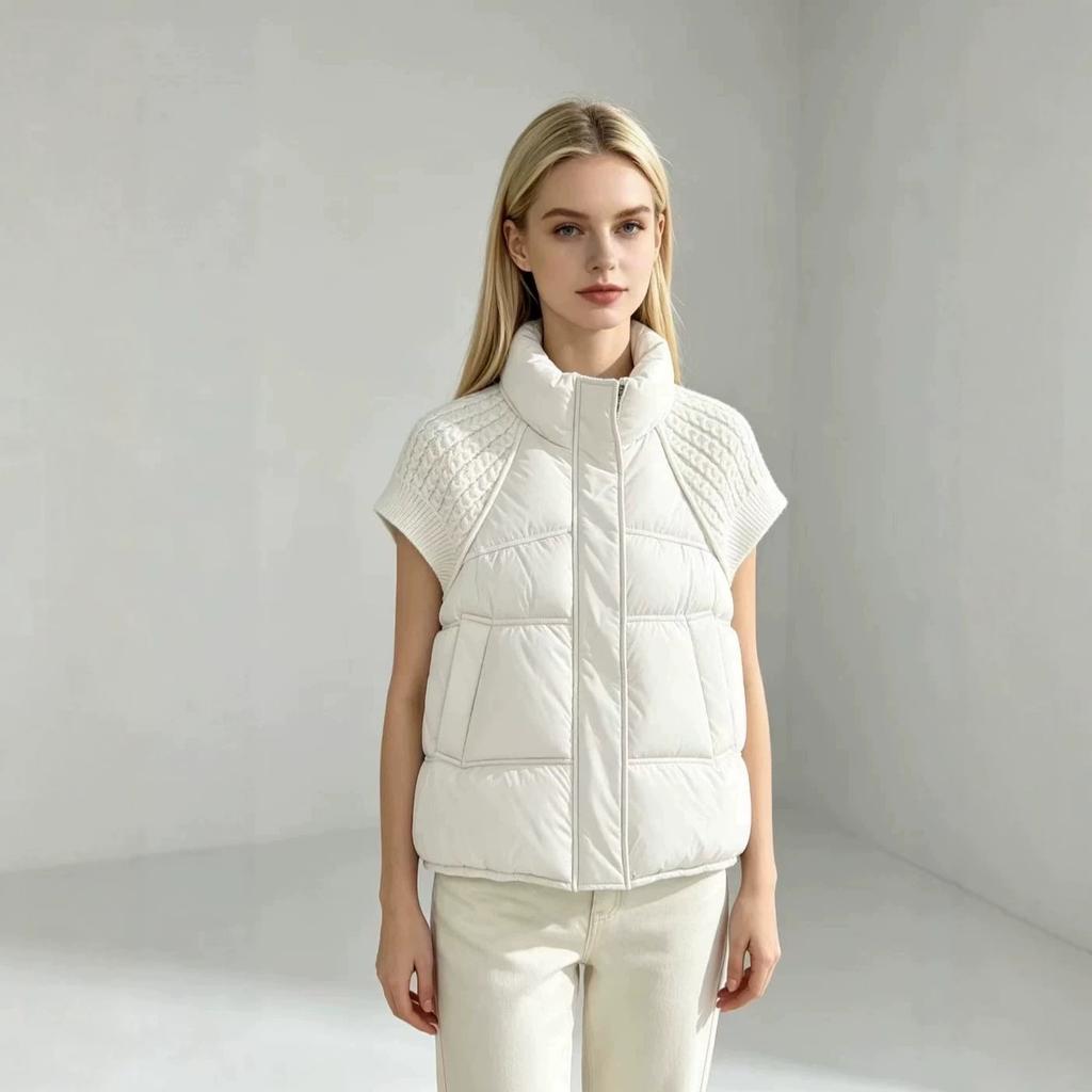 American stand-up collar knitted sleeves spliced vest women, autumn and winter new loose and thin versatile half-sleeved women's clothing, coat