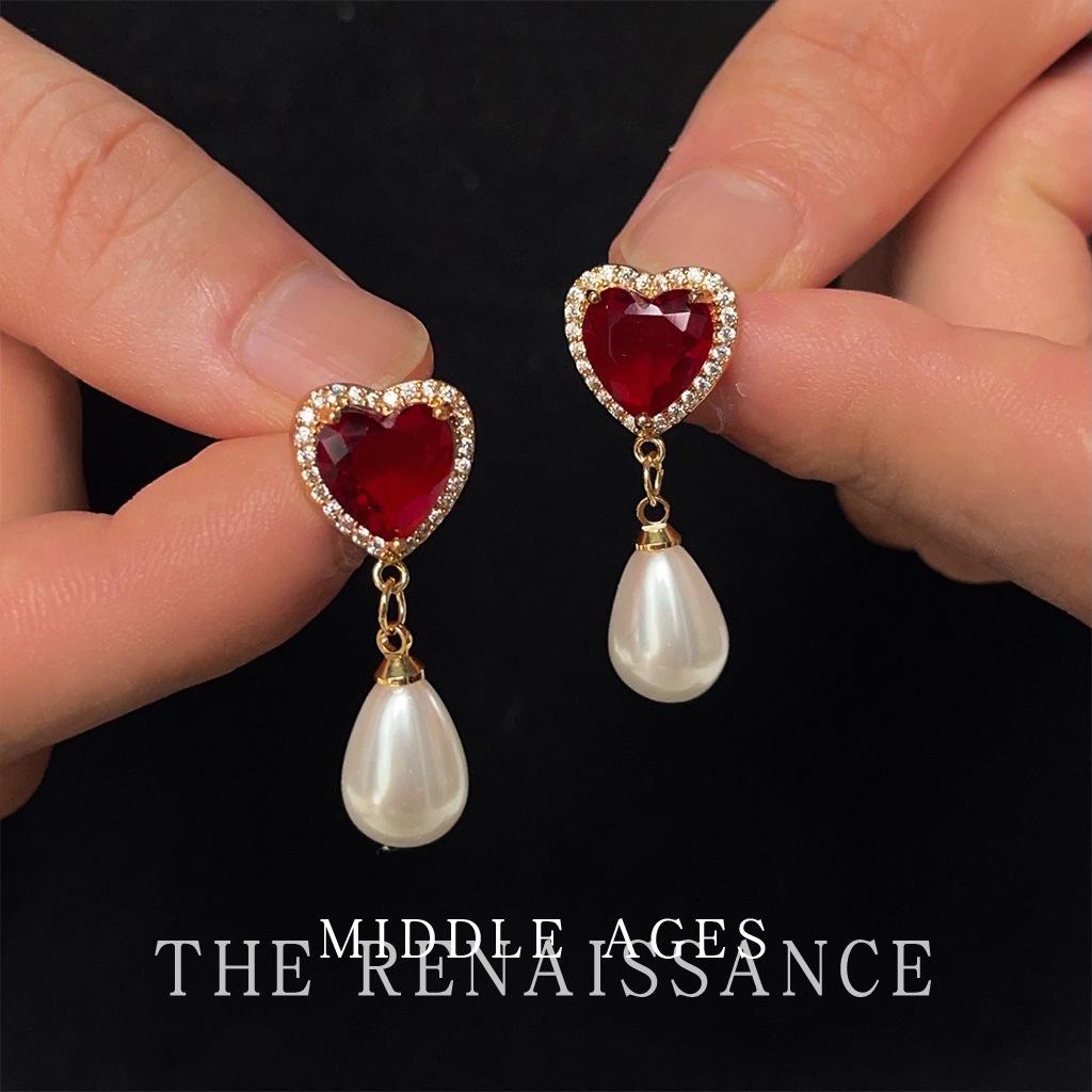 French court style burgundy love earrings retro zircon pearl ear jewelry