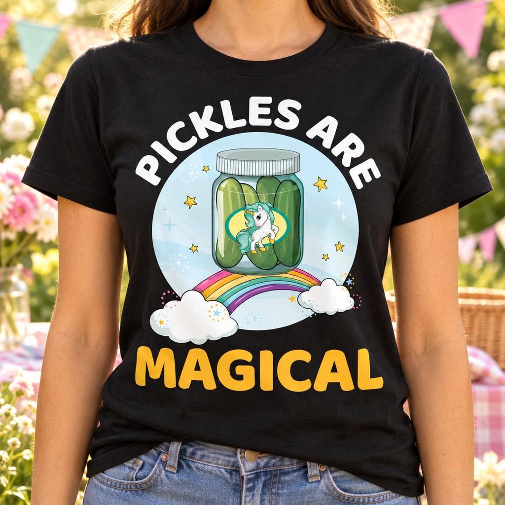 Pickles Are Magical Shirt, Funny Food Lover Gift, Unicorn Jar Print, Rainbow Clouds Design, Dill Snack Fan Birthday, Whimsical Kitchen Humor