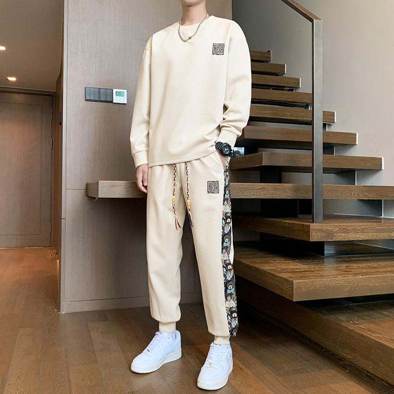 

Новый мужской костюм-свитшот большого размера на осень и зиму, мужской повседневный в новом китайском стиле, крутые и модные наряды для мальчиков M бежевый