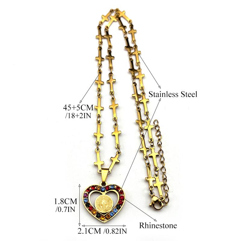Catholic Saint Benedict Heart Shape Pendant Necklace for Women Men Stainless Steel Gold Color Christian Prayer Chain Jewelry