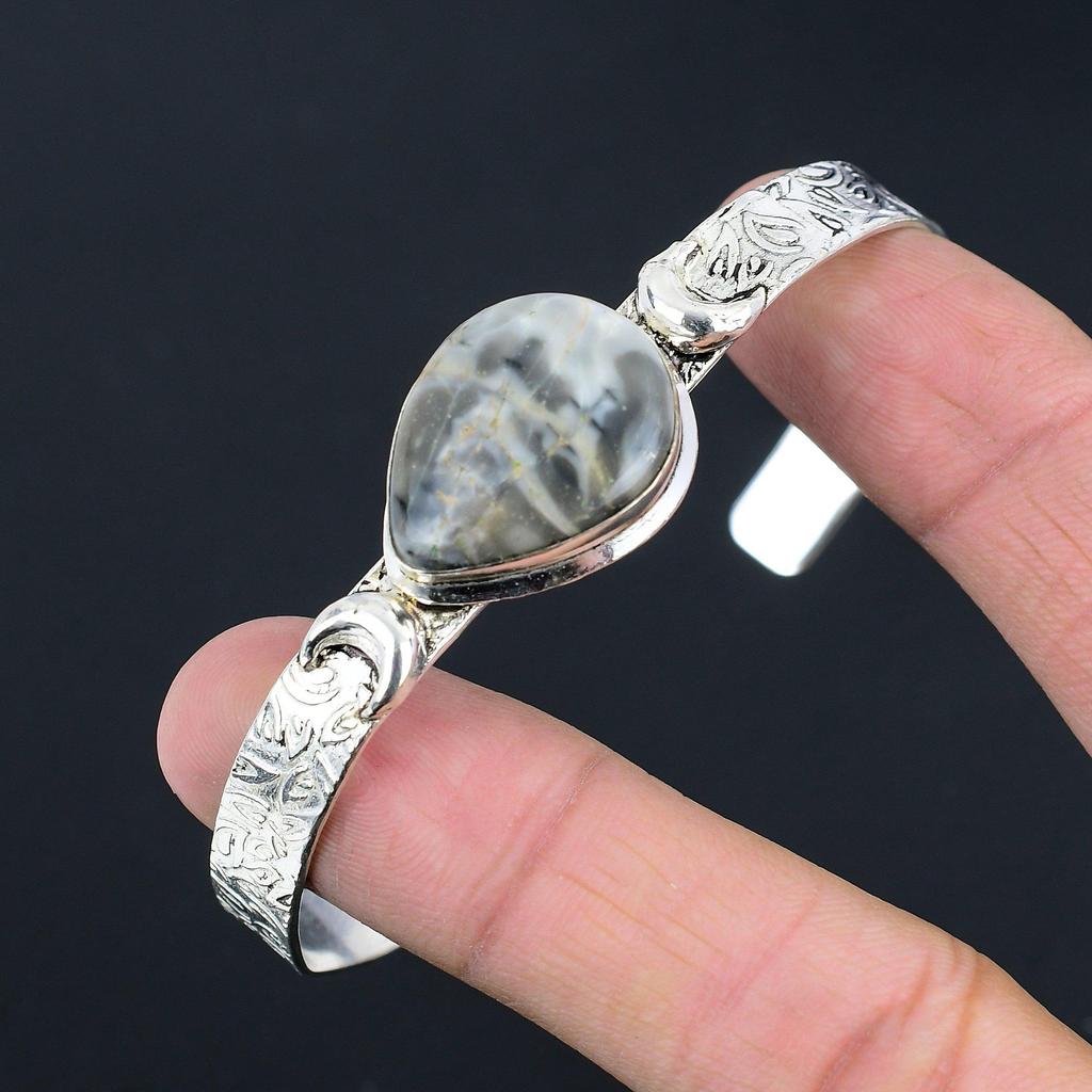 Natural Fume Agate Gemstone 925 Silver Bangle Crescent Moon Adjustable For Girls