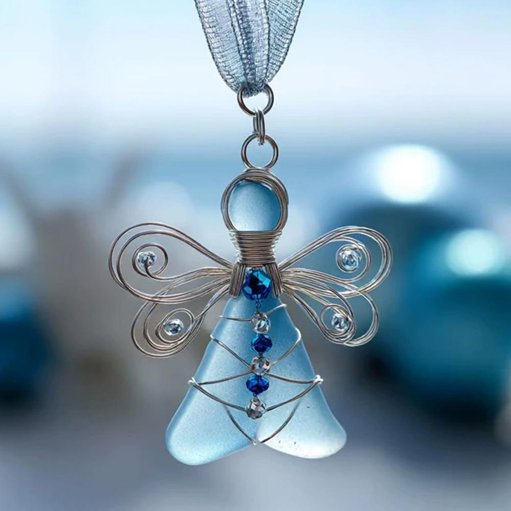 6 Colors Sea Glass Angel Xmas Tree Ornaments, 2D Flat Crystal Acrylic Angel Crafts Christmas Tree Hanging Ornament Holiday Decor