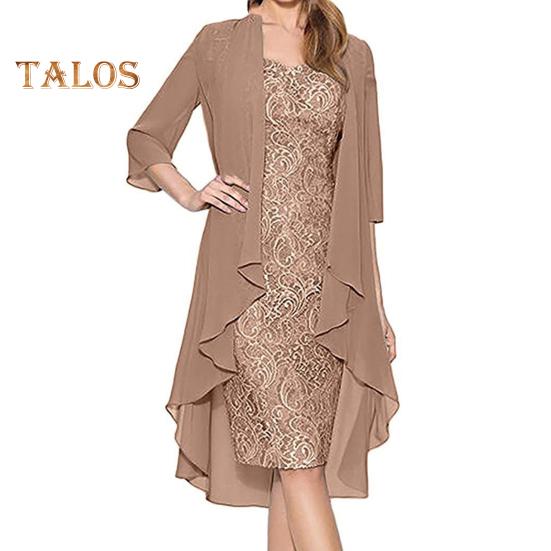 2 Teile/satz Damen Strickjacke Kleid Set Spitze Blumenstickerei O Hals Slim Fit Midikleid Dünn Unregelmäßig Dreiviertel Ärmel Mittellang Mantel Formal