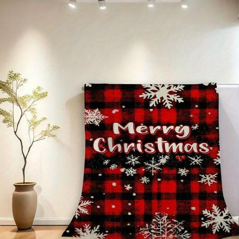 Comfortable flannel shawl blanket - Christmas snowflake and reindeer pattern,soft red and black plaid,suitable for sofas or beds