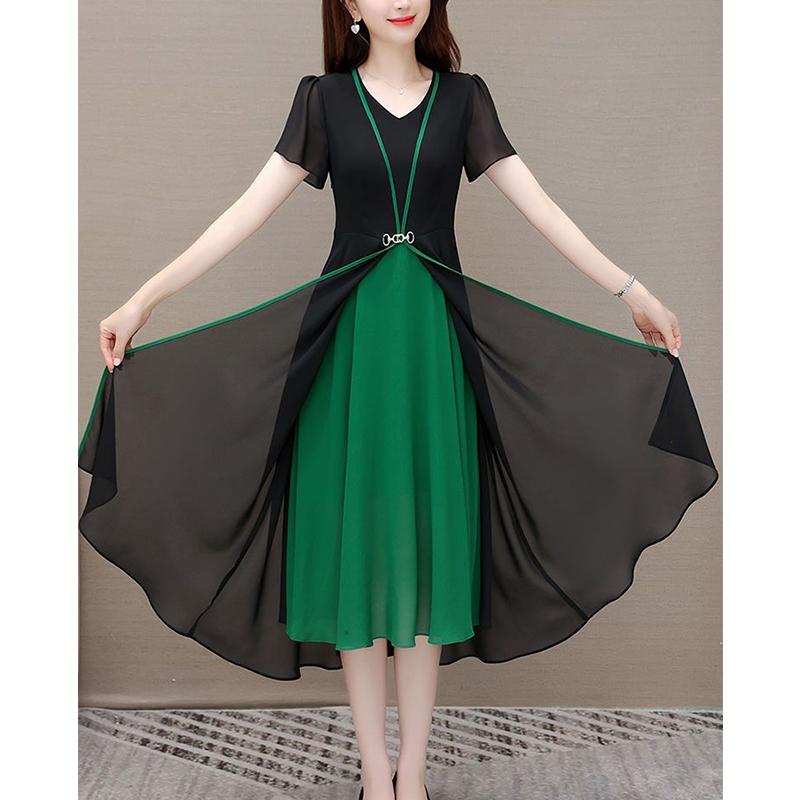 

Летняя мода Имитация двух частей Элегантная мода А-силуэт Платье Женское Короткий рукав Пэчворк Миди Vestidos Женское Приталенное Повседневное Платье 4XL зелёный