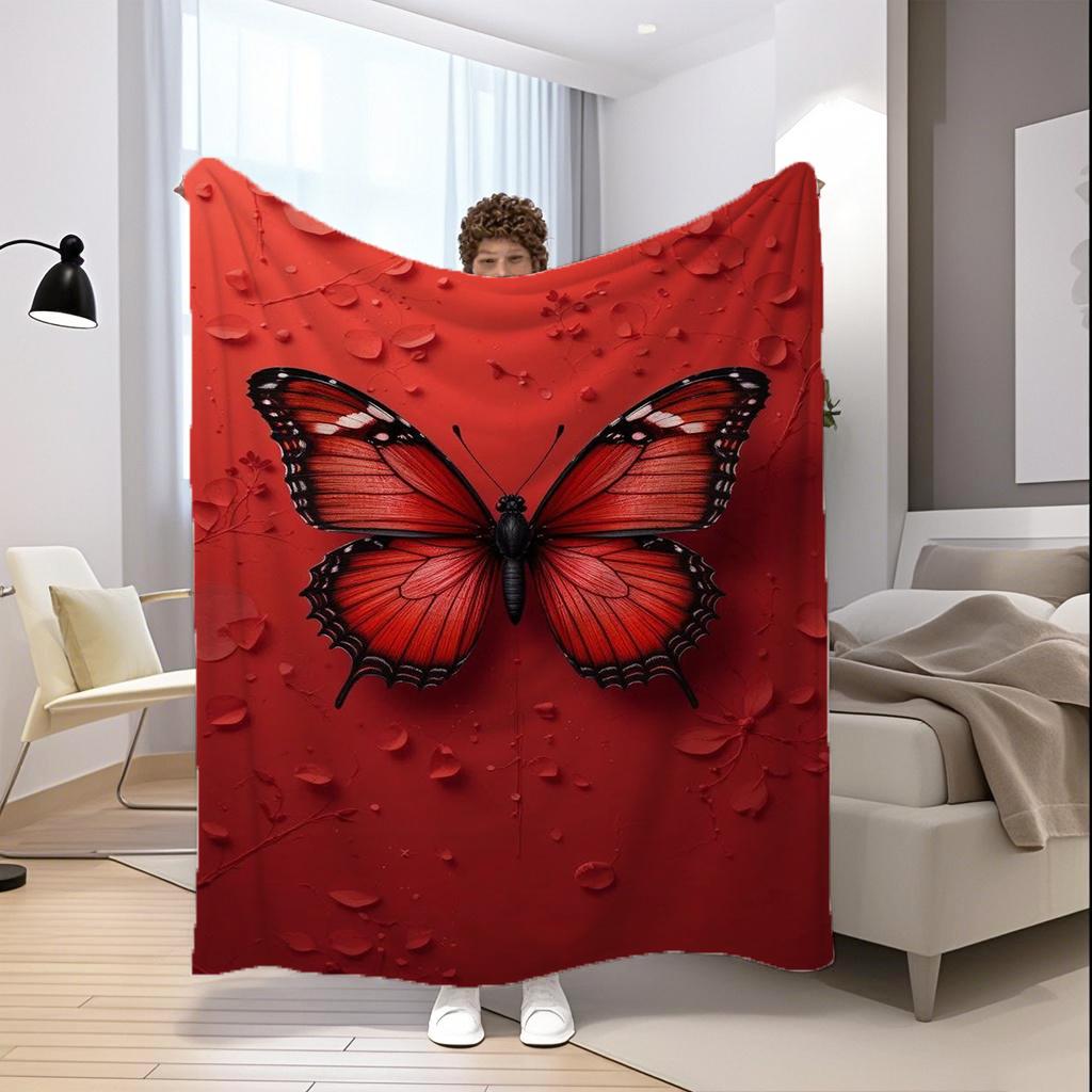 Red Butterfly Pattern Microfiber Flannel Cover Blanket Bedroom Living Room Sofa Soft And Comfortable Home Decoration