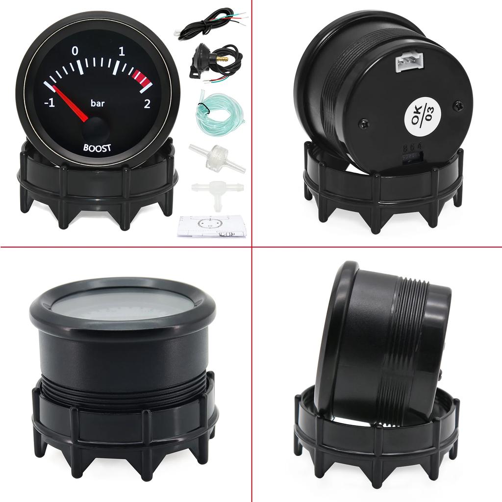 52mm Car Gauge White Backlight Pointer Boost Meter -1~2Bar Turbo Boost Gauge with T Tube PVC Hose for 12V Gasoline Vehicle