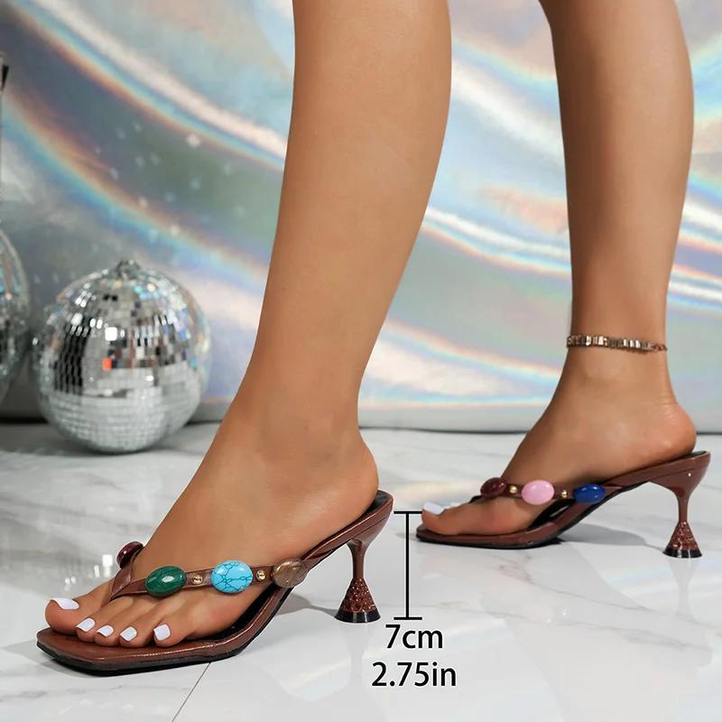 Fashion Luxury Designer Turquoise Stone Clip Toe Sandals for Women Summer 2025 Big Sqaure Toe Mules Shoes Woman High Kitten Heels Slides