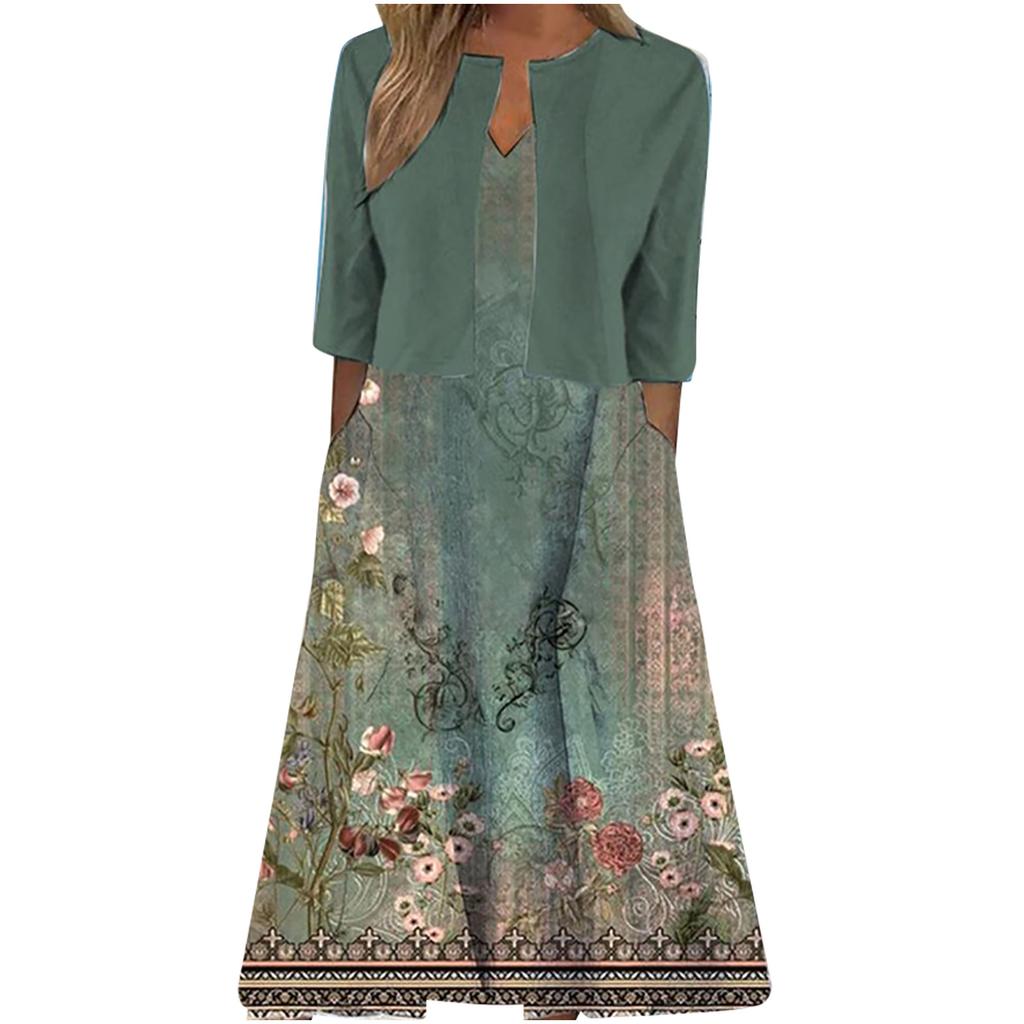 High Quality Women Summer Floral Print Two Piece Dress Set Short Sleeve Outfits