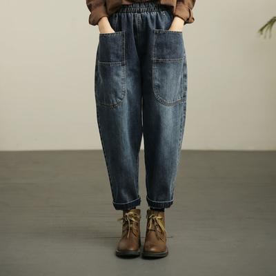 Pantalon court en jean à taille élastique pour femme, sarouel rétro vieilli, taille haute, longueur cheville