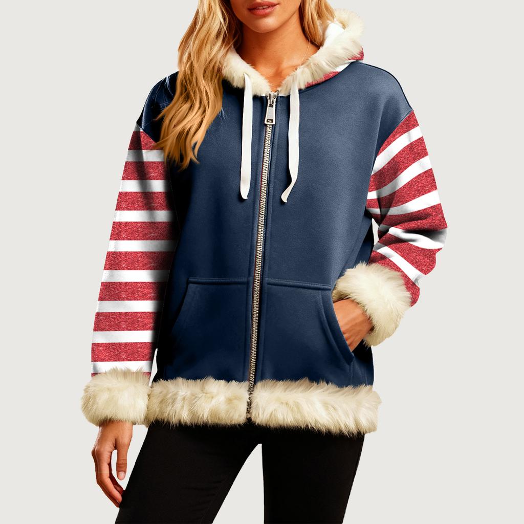 Women's Comfortable Loose Fashion Casual Striped Print Long Sleeve Pockets Hooded Sweatshirt Jacket