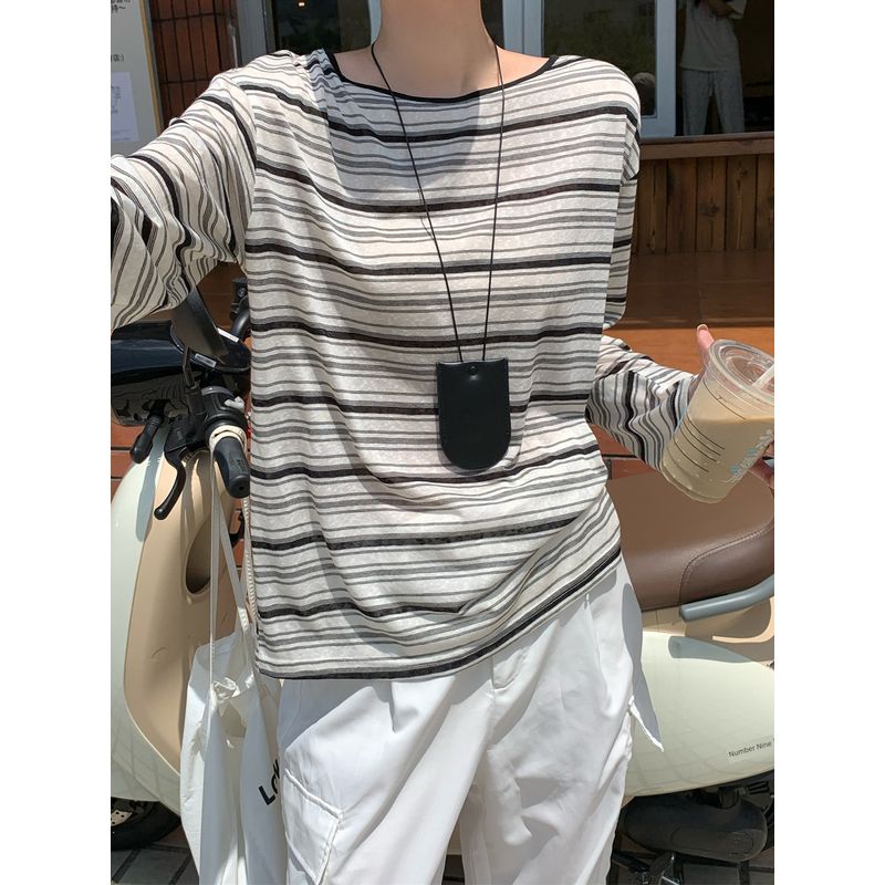 Kumikumi Retro Back Hollow Lace-up Long sleeves Shirt Women clothes Autumn Casual Loose Stripe Inner wear Top