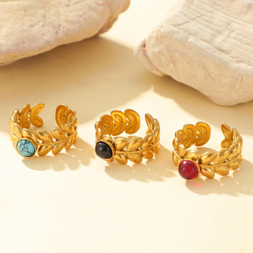 Adjustable Turquoise-Leaf Stainless Steel Ring - Non-Fading, Fashionable Jewelry for Women