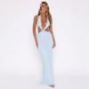 European and American summer sexy solid color hollow out deep V-neck hanging neck twisted irregular dress